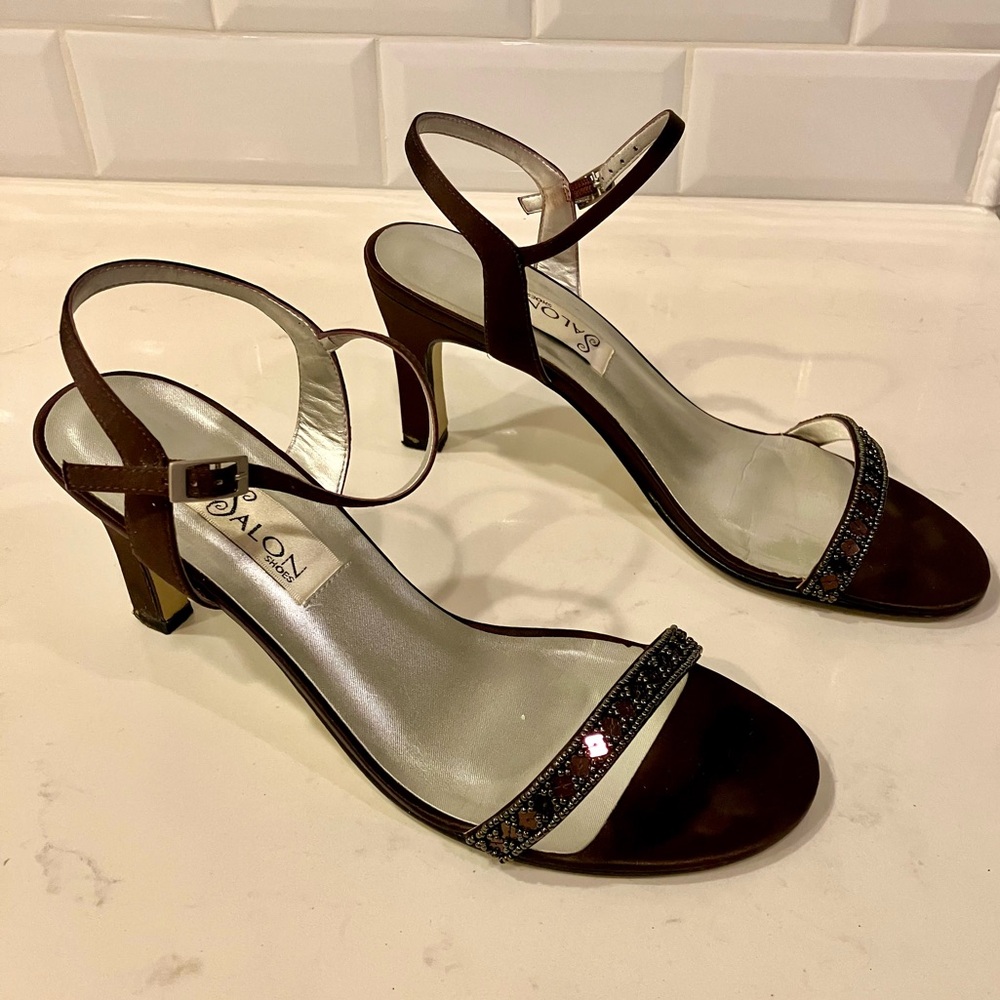 Elegant embellished strappy sandal heels in mocha brown, size 7.5